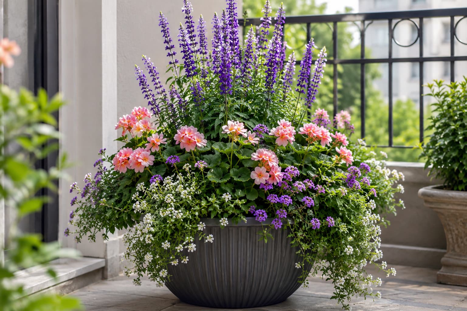 Illustration of a polished container garden using thriller filler and spiller plants
