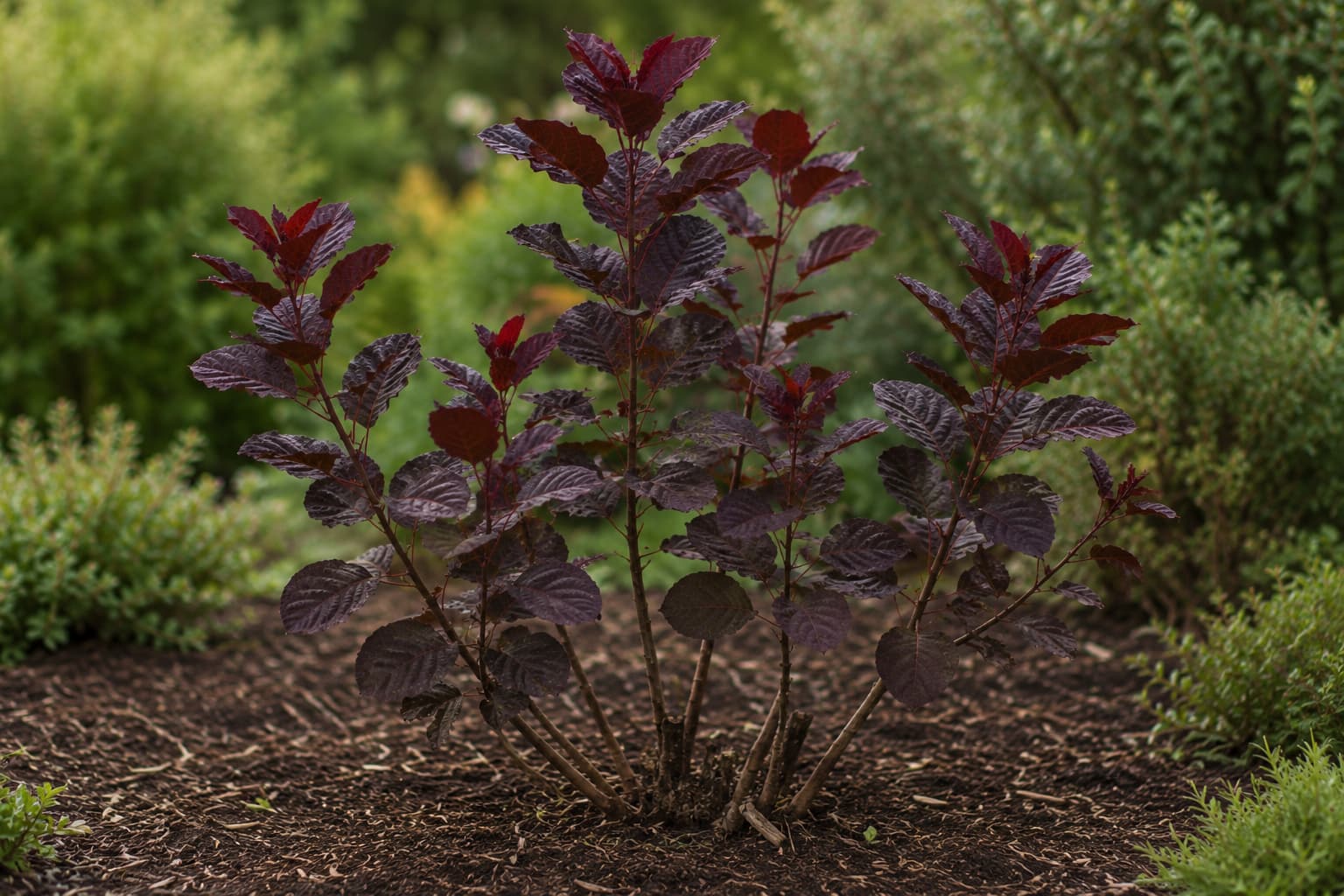 Illustration of a coppiced smoke bush with oversized burgundy leaves on upright stems and no visible flower plumes.