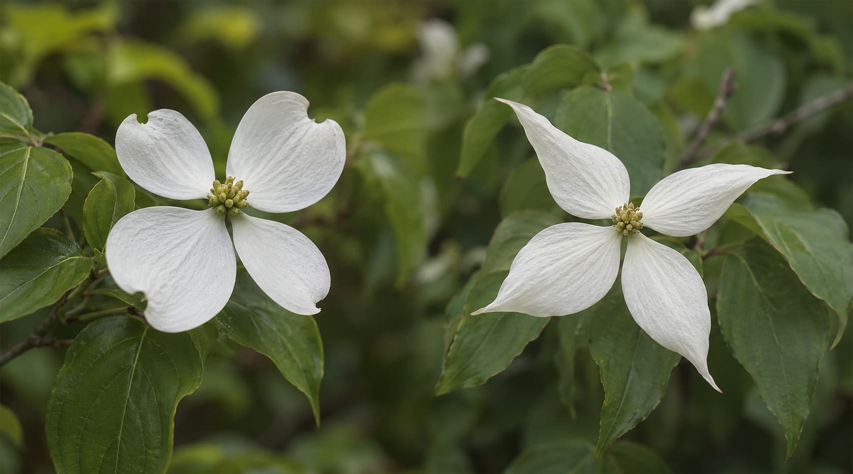Illustration comparing notched Cornus florida bracts with pointed Cornus kousa bracts and surrounding leaves.