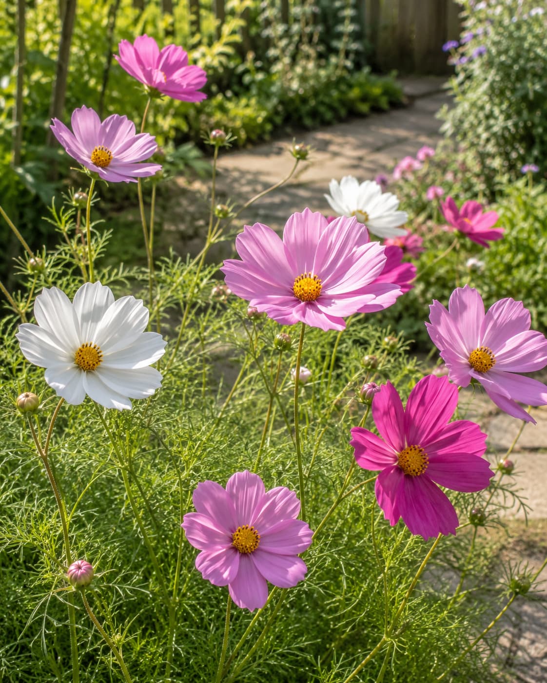 Illustration of pink and white cosmos flowers blooming in a sunny cottage-style garden