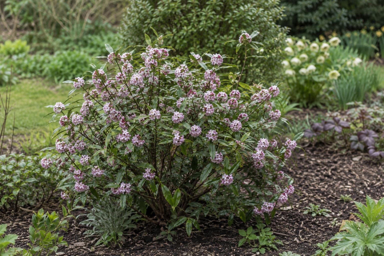 Illustration of a mature Daphne burkwoodii shrub with pale pink flowers growing naturally in a well-spaced spring garden border.