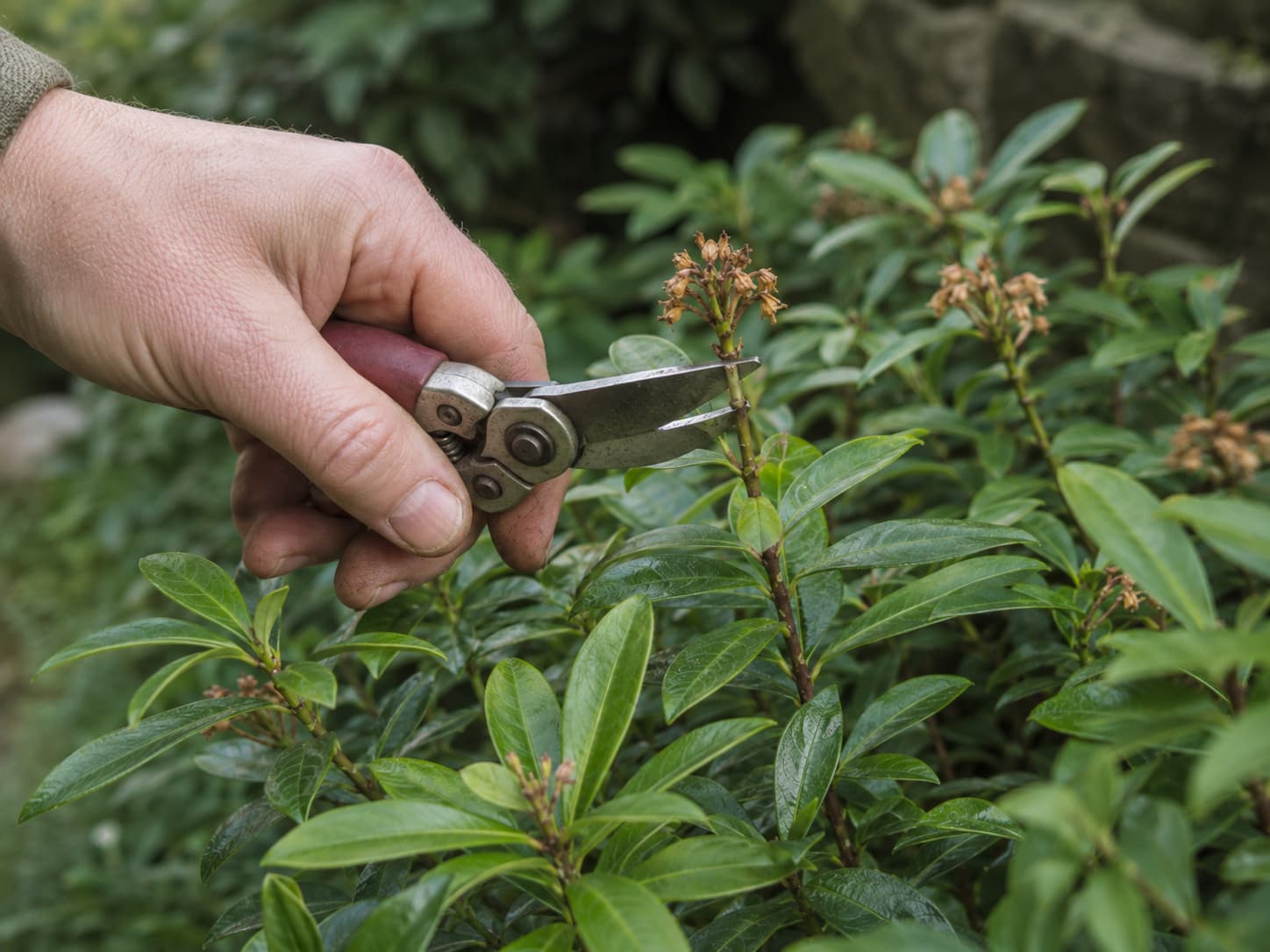 Illustration of a gardener lightly pruning faded daphne flower stems just above healthy leaves in a shaded garden.