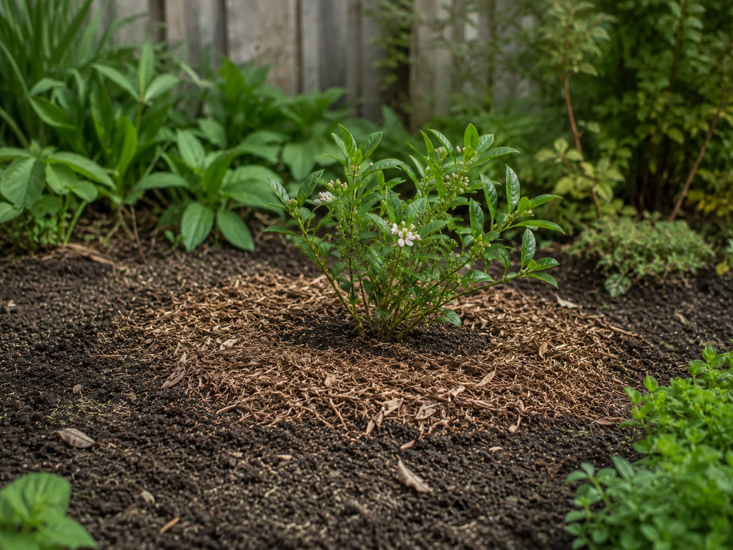Illustration of a young daphne planted on a low mound with loose mulch kept clear of the stems.