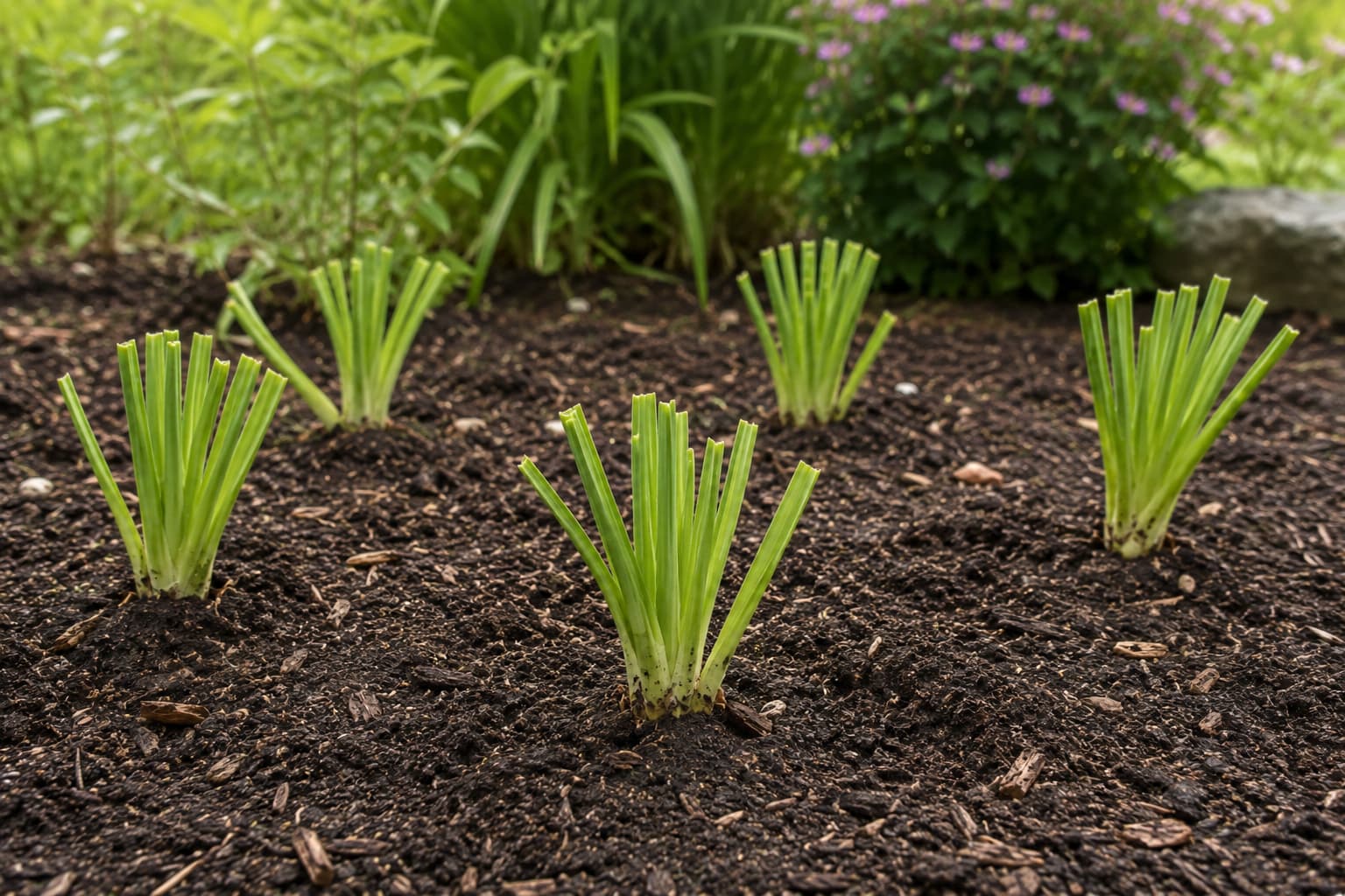 Illustration of freshly divided daylily fans replanted with trimmed foliage and crowns near soil level.