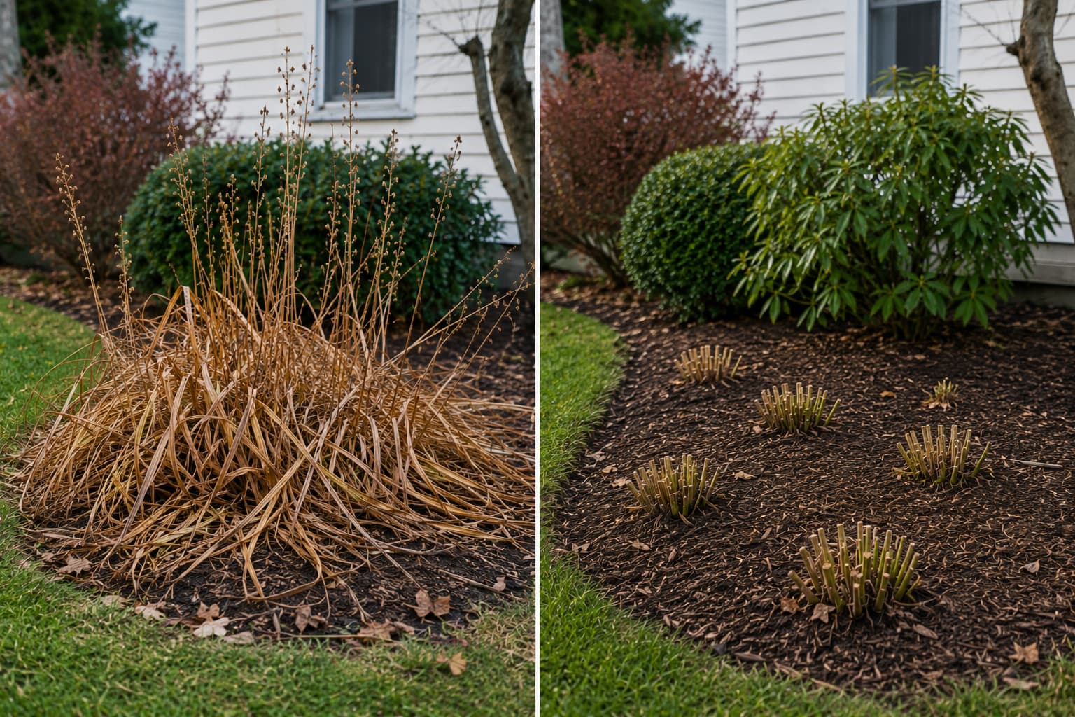 Illustration comparing untrimmed brown daylily foliage with a neatly cut back and mulched garden bed.