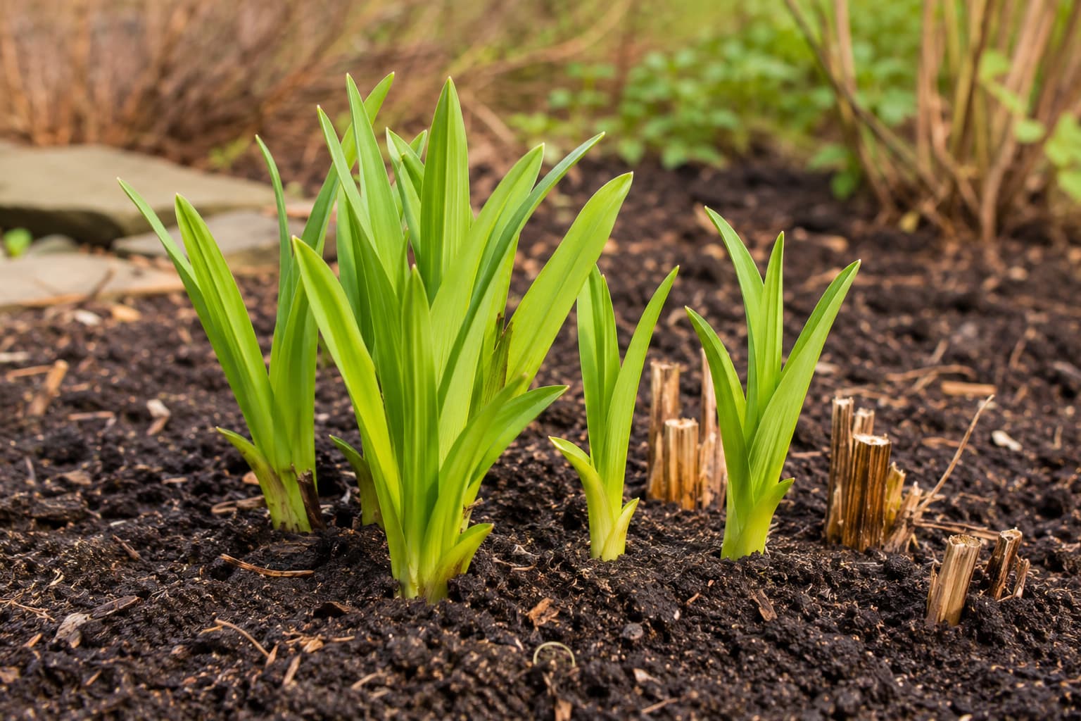 Illustration of fresh green daylily shoots emerging through soil after old winter foliage has been removed.