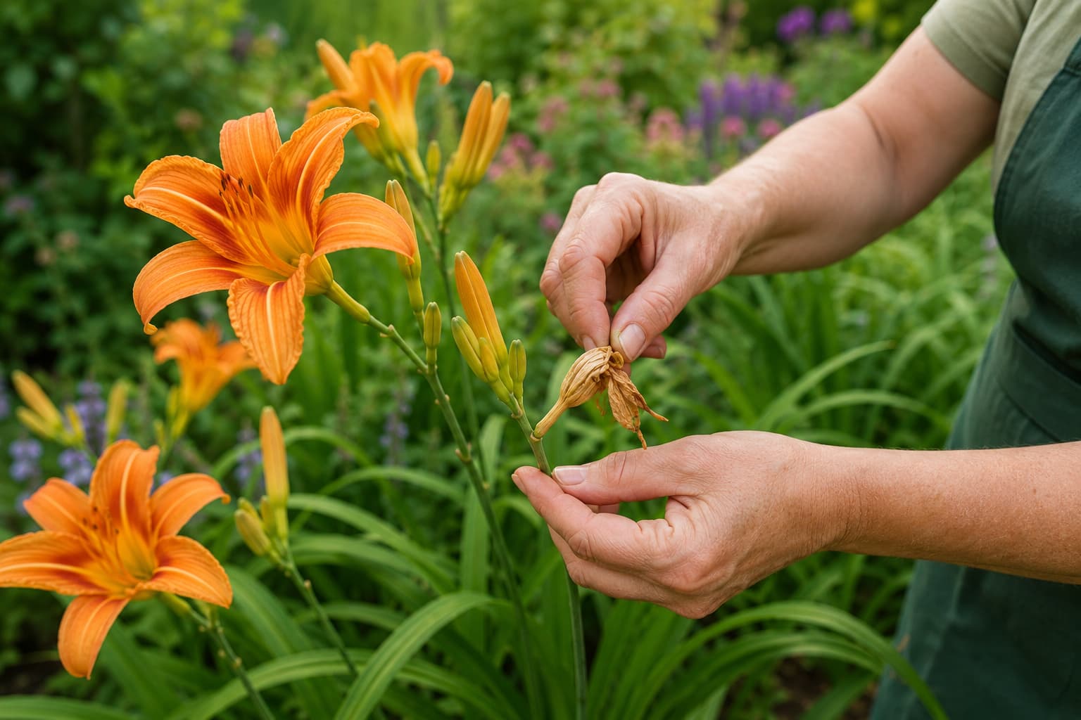 Illustration of a gardener deadheading a spent daylily flower while unopened buds remain on the stem.