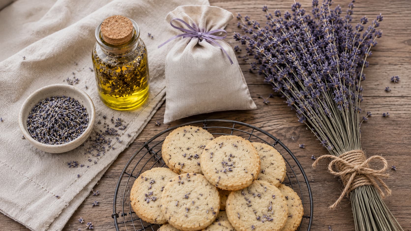 Illustration of lavender oil, a sleep sachet, shortbread cookies, dried buds, and a hand-tied lavender bundle on wood.