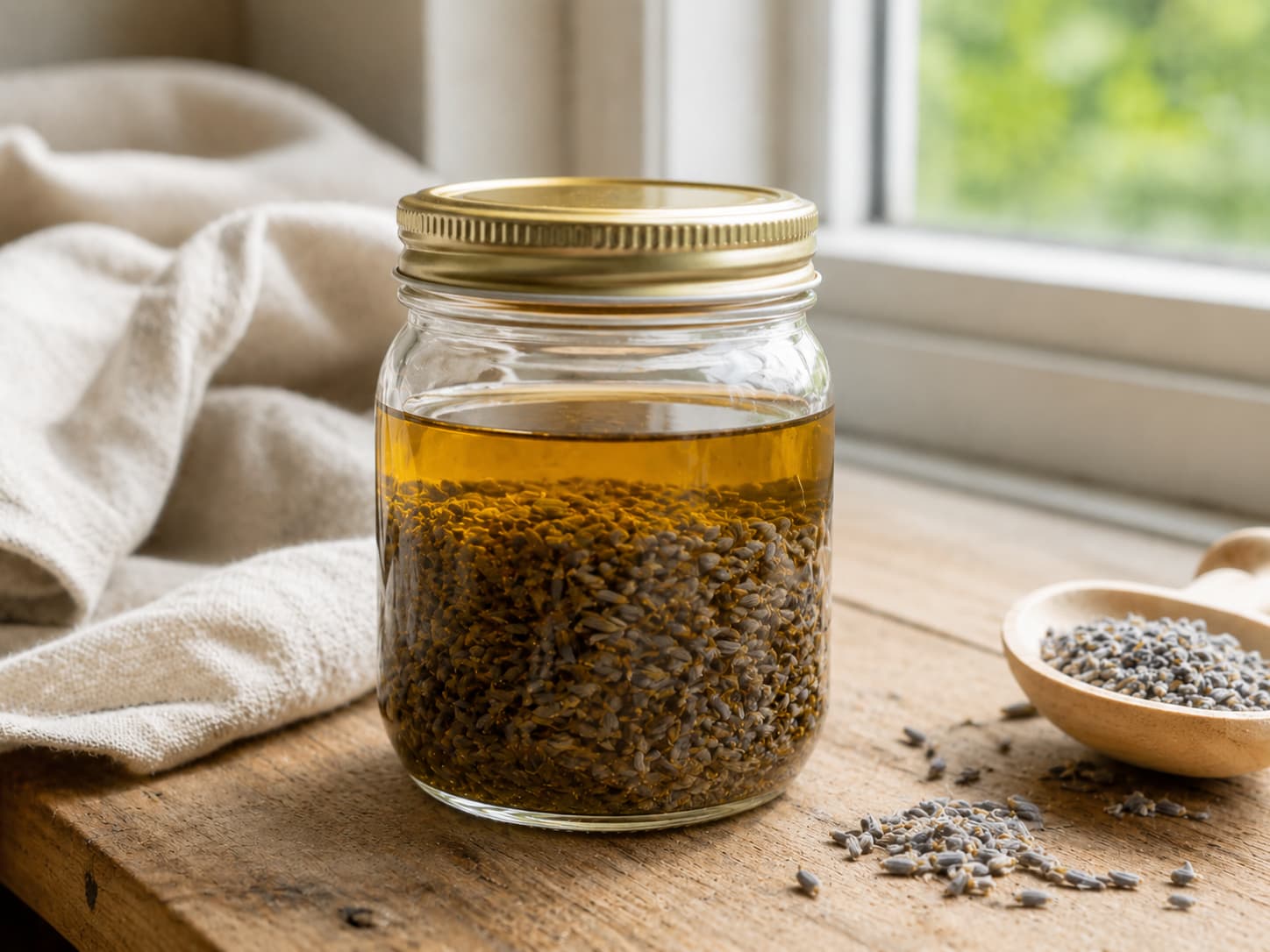 Illustration of dried lavender buds submerged in golden carrier oil inside a sealed glass jar near a sunny window.
