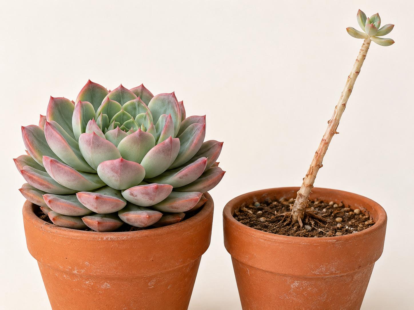 Illustration comparing healthy compact Echeveria with stretched etiolated one