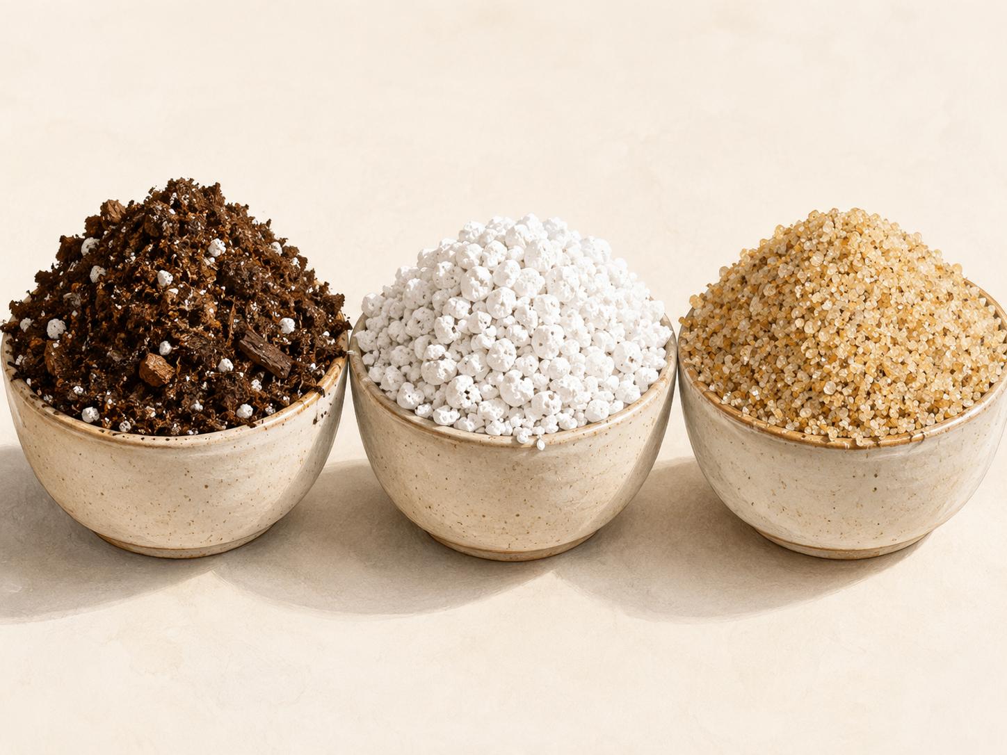 Illustration of Echeveria soil mix ingredients including cactus soil, perlite, and coarse sand