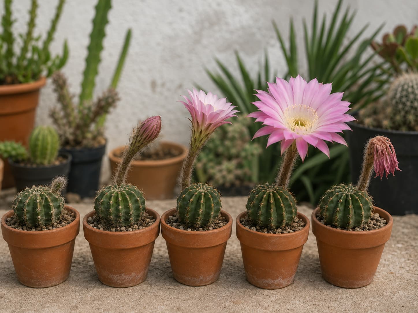 Illustration showing Echinopsis bud development from a small fuzzy bud to an open flower and a wilted bloom.