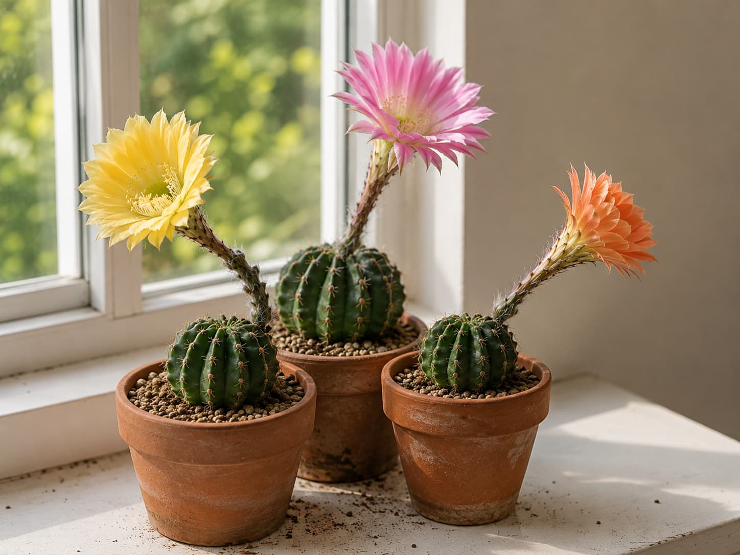 Illustration of three potted Echinopsis cacti with yellow, pink, and orange flowers on a sunny windowsill.