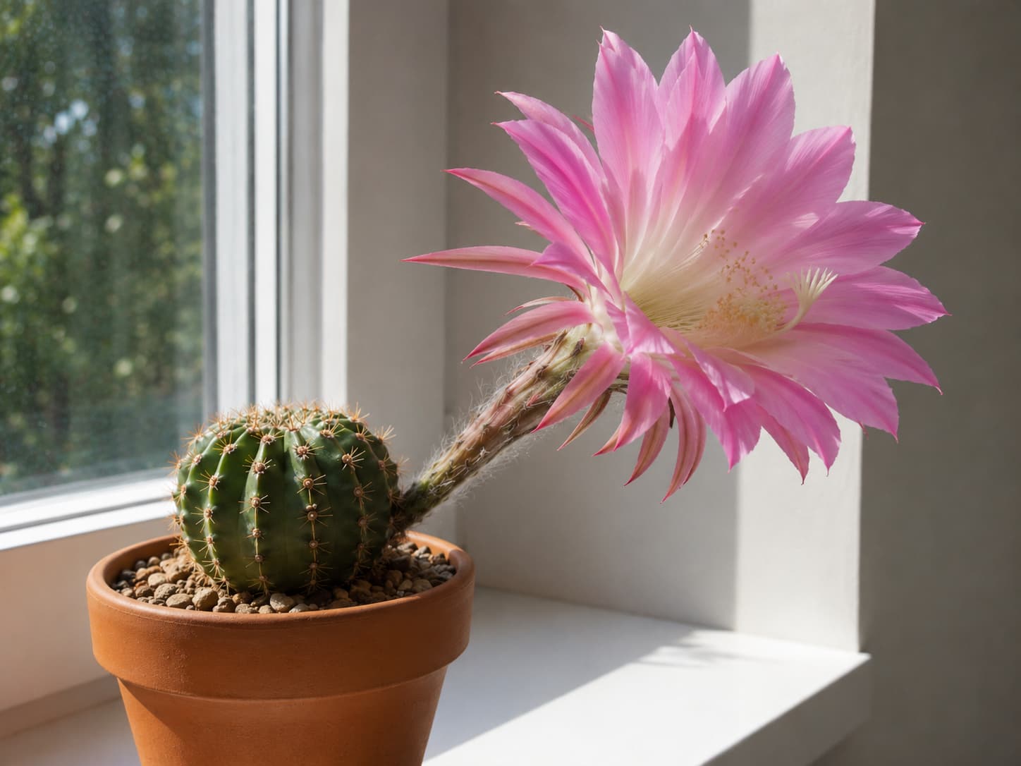 Illustration of a globe-shaped Echinopsis cactus producing an enormous neon-pink trumpet flower on a bright windowsill.