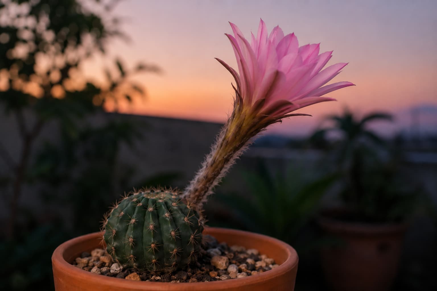 Illustration of a pink Echinopsis trumpet flower beginning to open at dusk above a small ribbed cactus body.