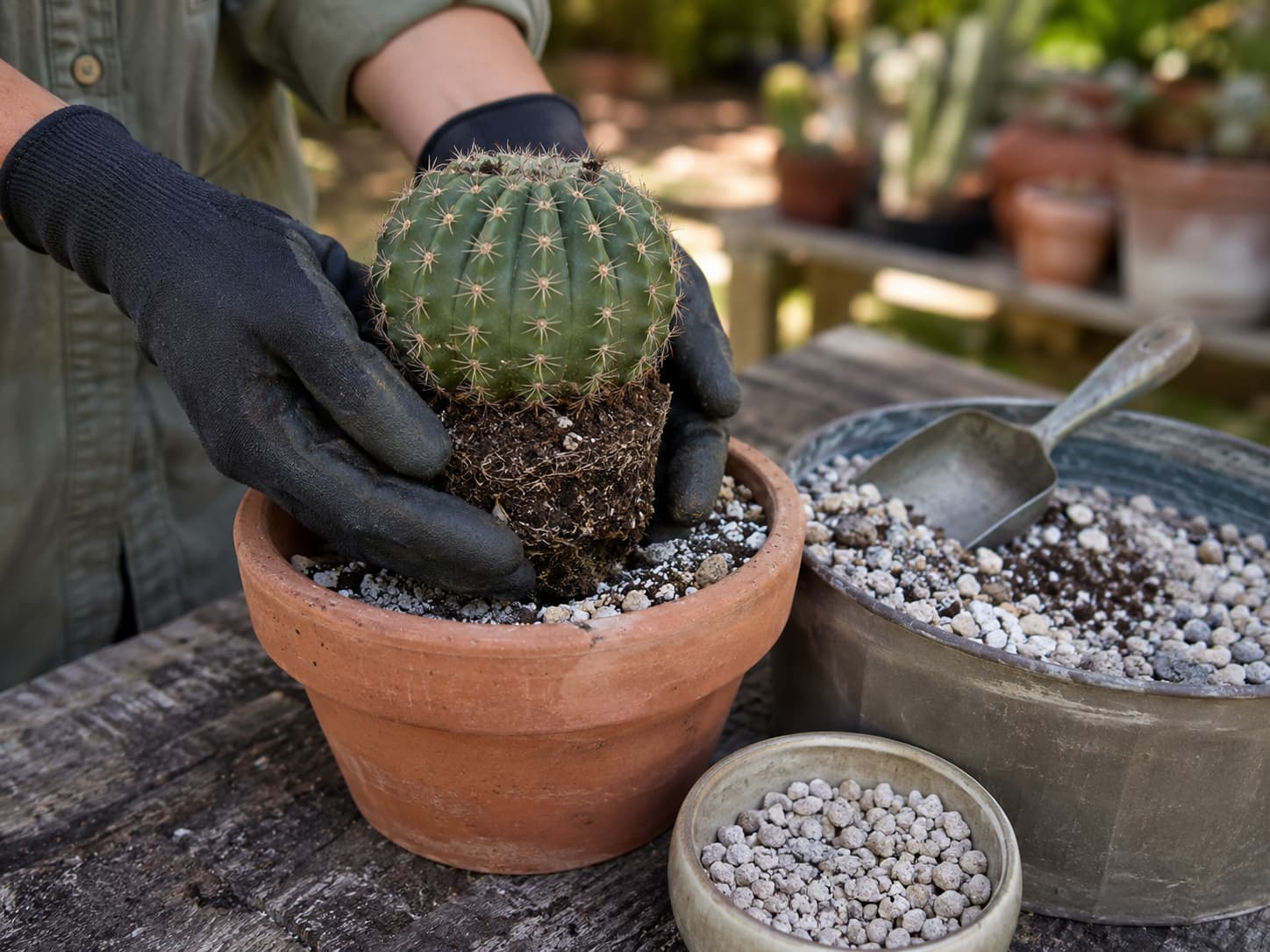 Illustration of an Echinopsis cactus being repotted into terracotta with a gritty mix containing pumice and perlite.