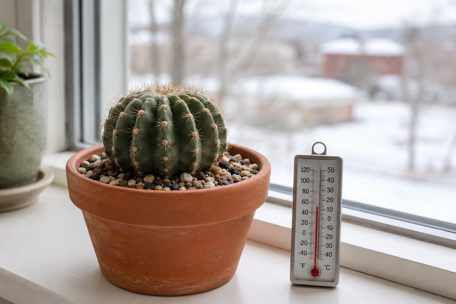 Illustration of a dormant Echinopsis cactus on a cool bright windowsill beside a thermometer reading about 50 degrees Fahrenheit.