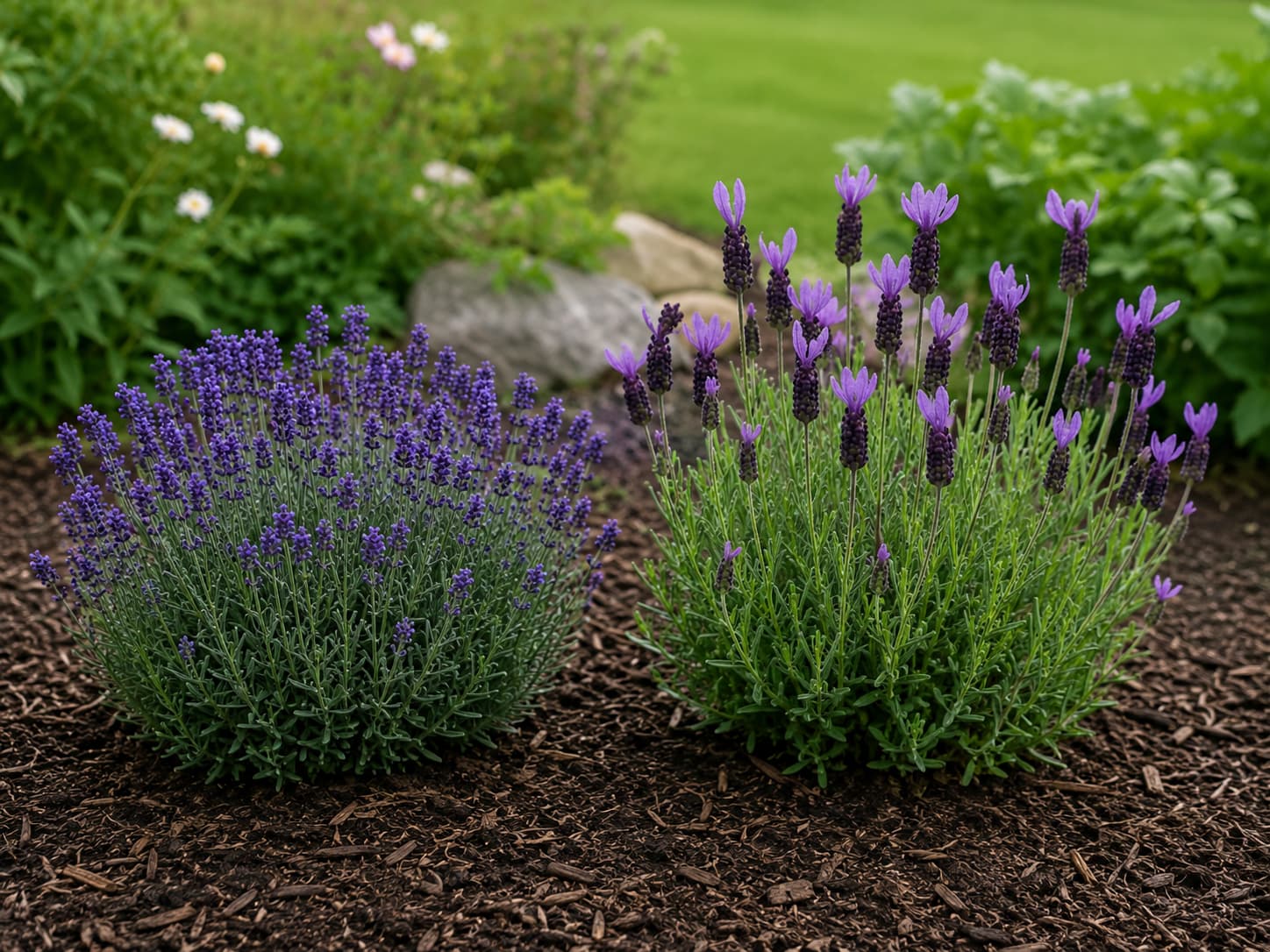 Illustration comparing compact English lavender flower spikes with French lavender topped by distinctive butterfly-like bracts.