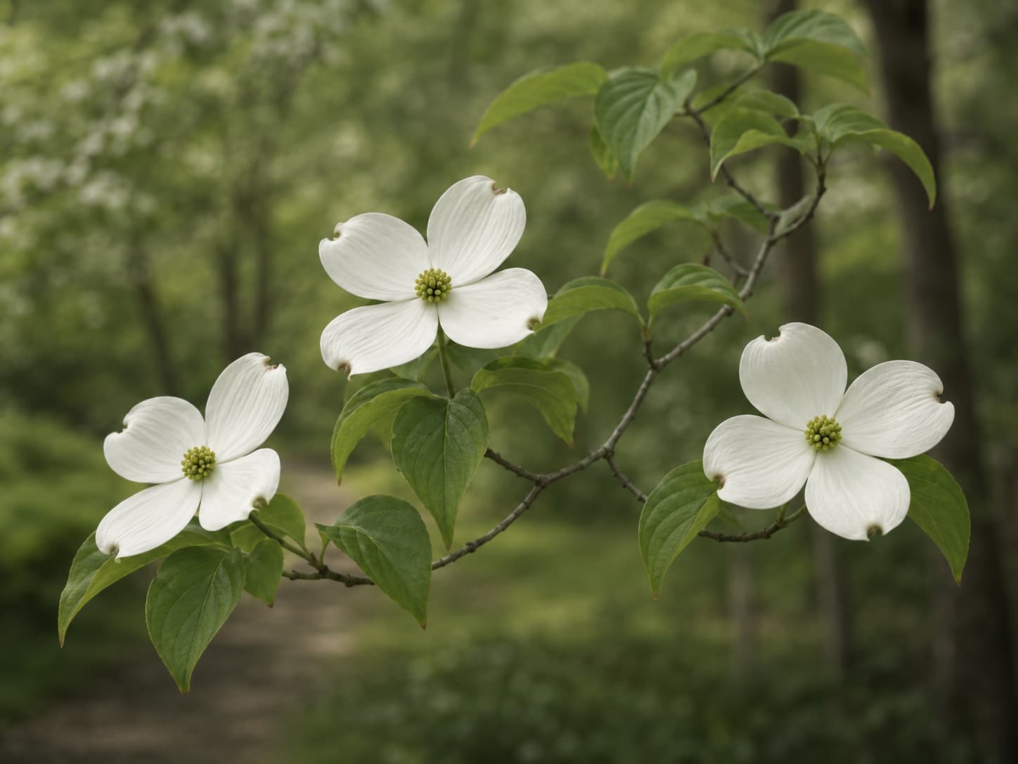 Illustration of white flowering dogwood bracts arranged naturally along a leafy spring branch in a quiet woodland garden.