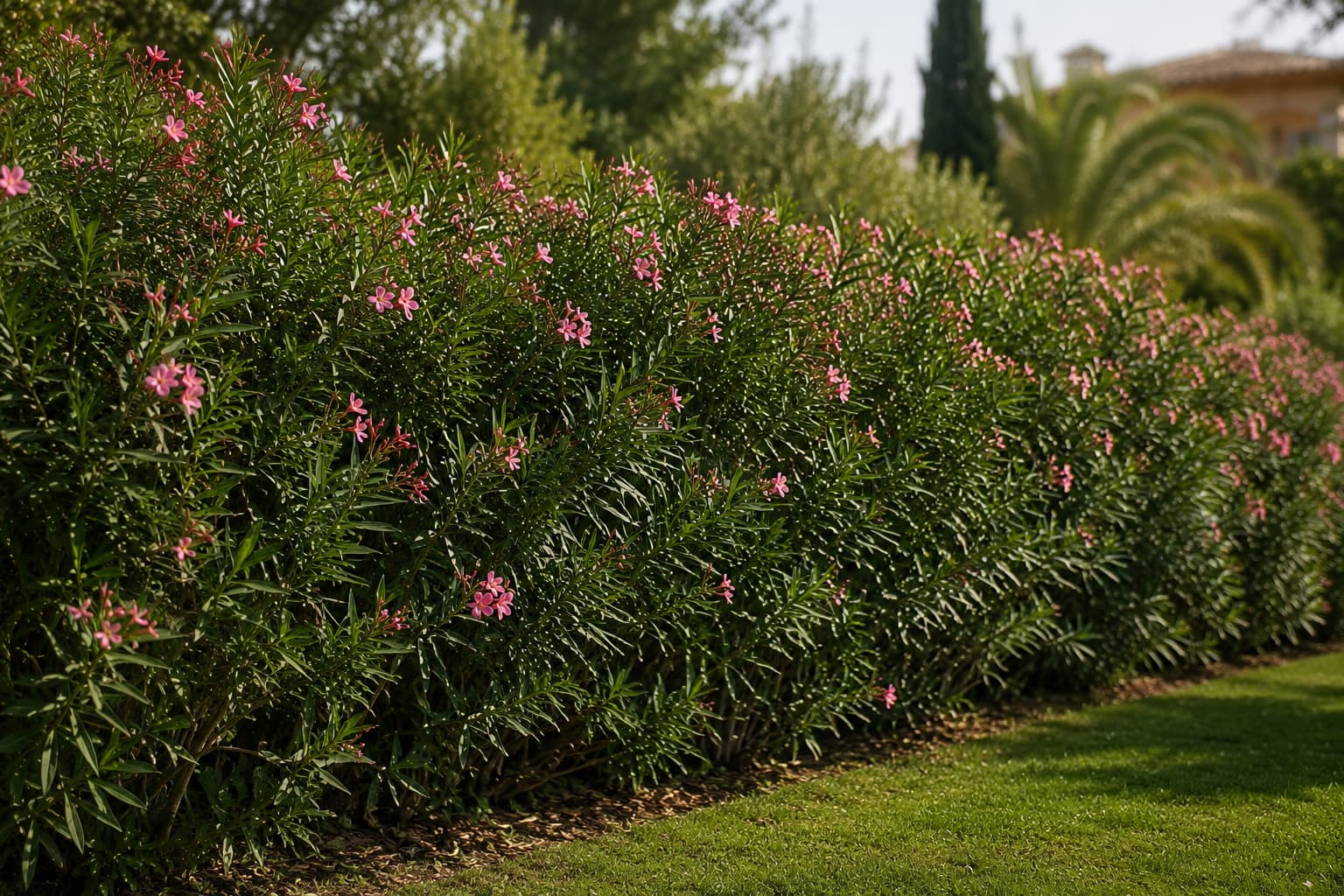 Illustration of a dense flowering oleander hedge creating an evergreen privacy screen in a sunny warm-climate garden.