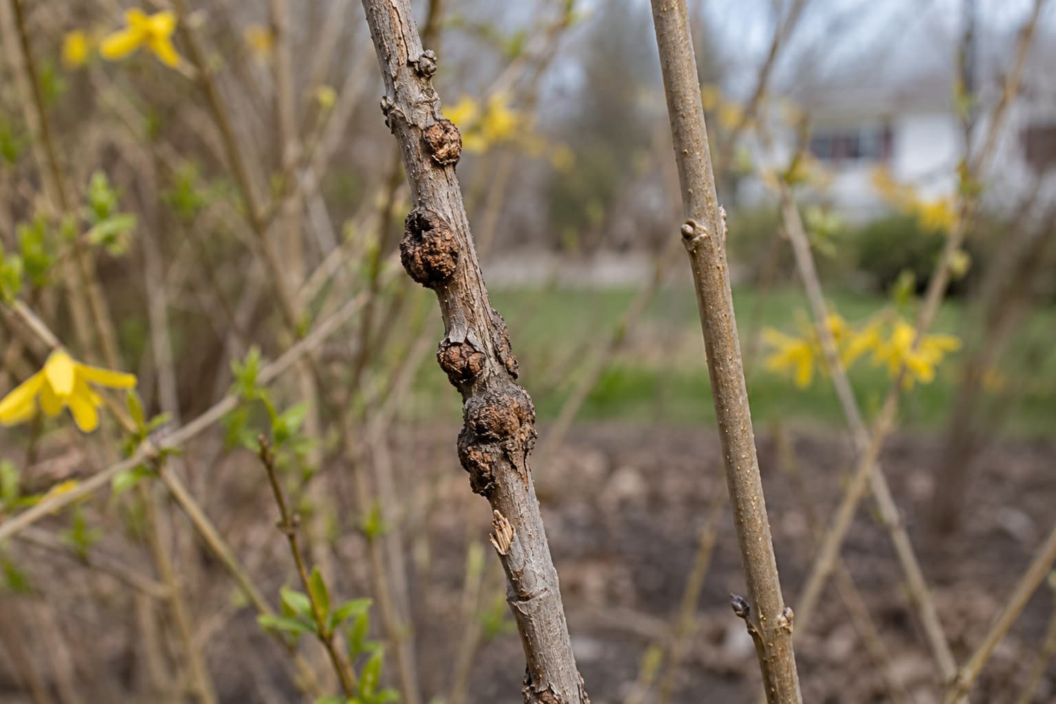 Illustration of rough knobby galls on a forsythia stem beside healthy smooth bark in a garden setting.