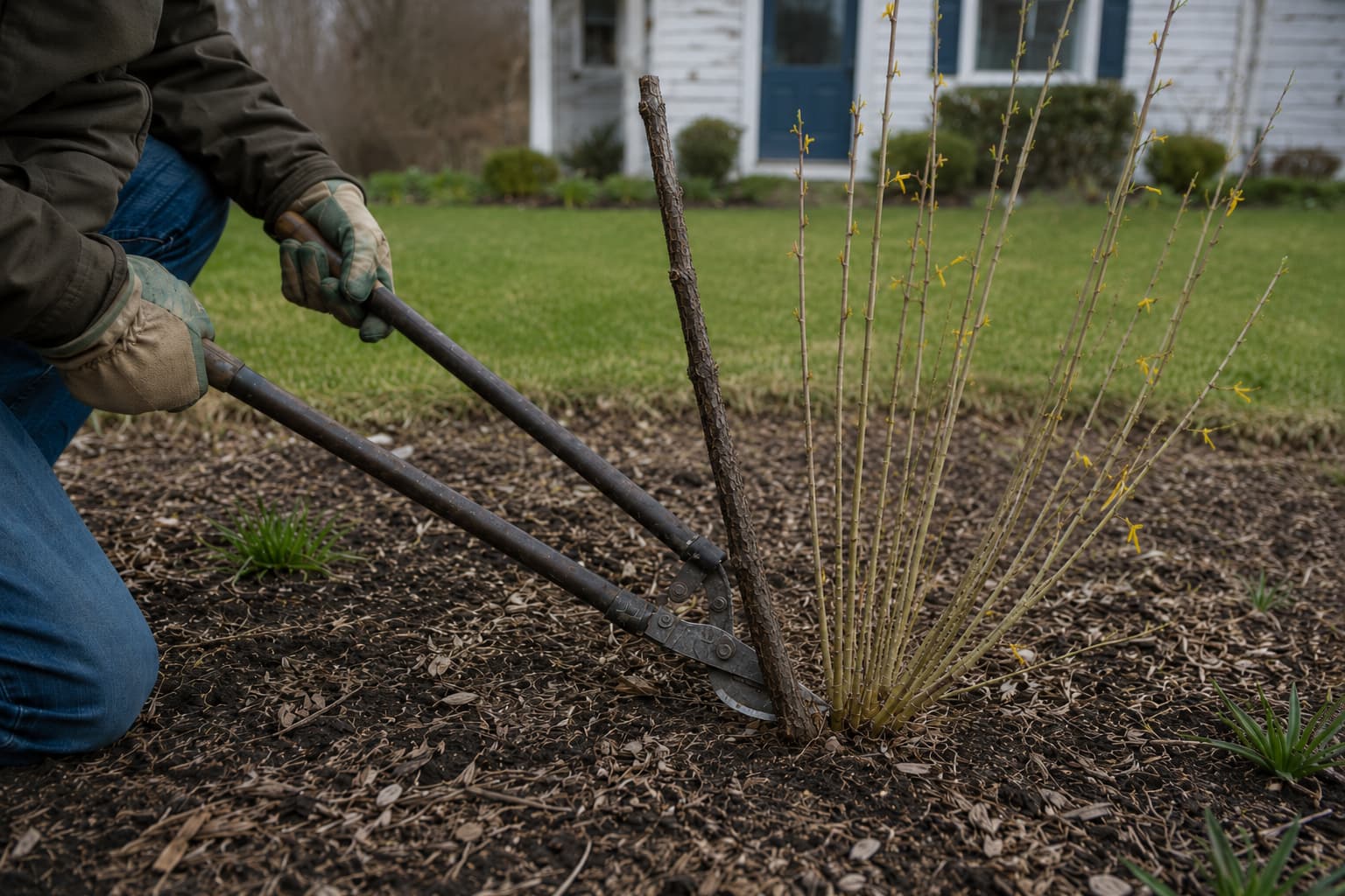 Illustration of a gardener removing an old forsythia cane at ground level while preserving younger flowering stems.