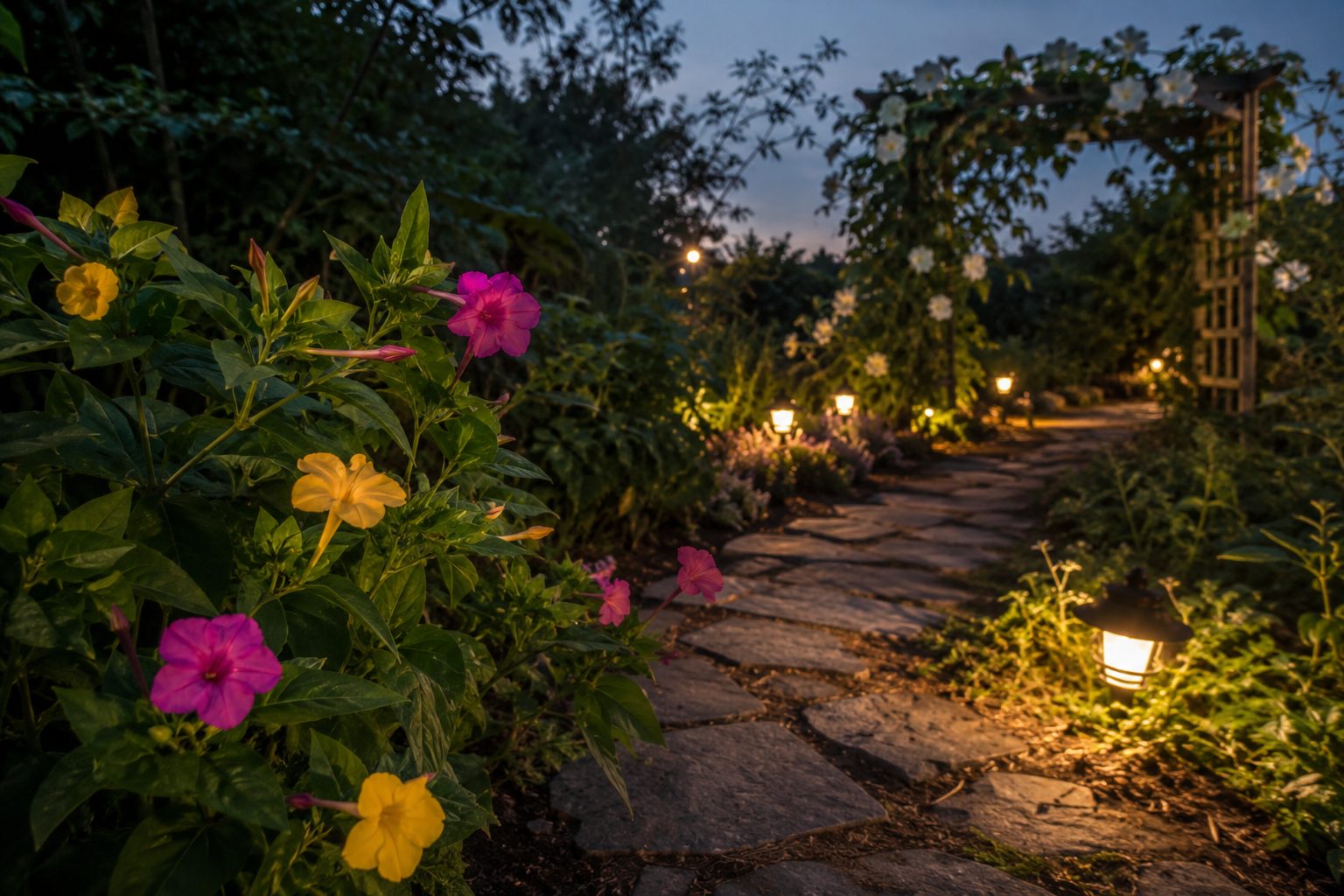 Illustration of an evening garden path lined with four o’clock flowers, soft lanterns, and moonflowers climbing a distant trellis.