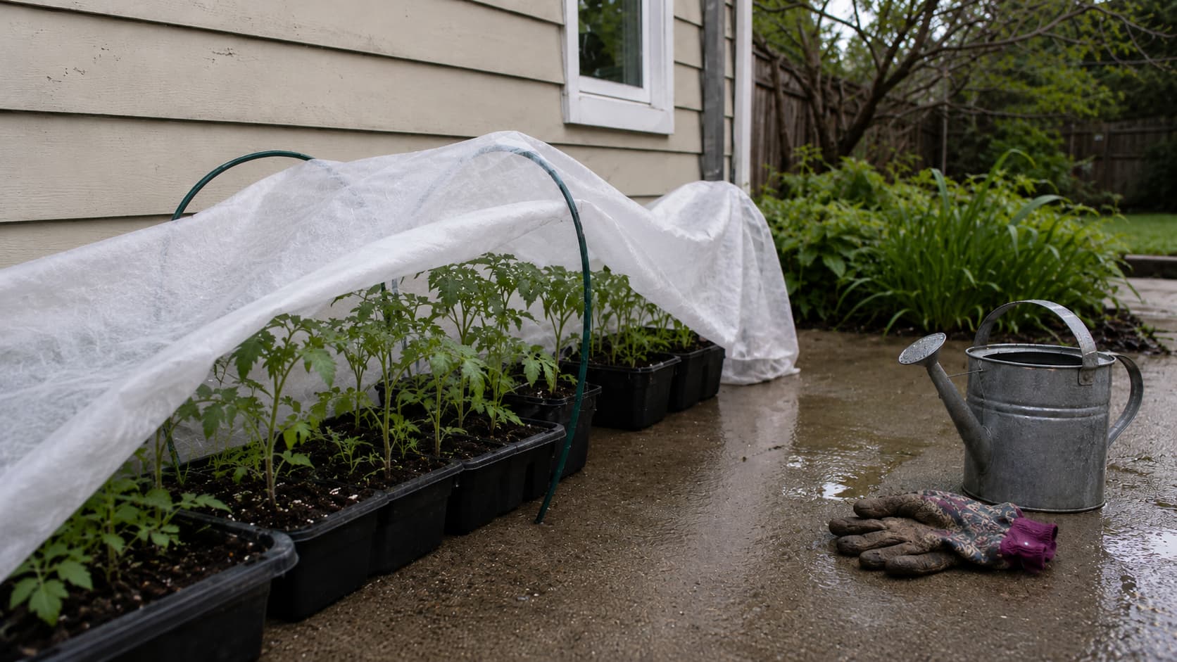 Young vegetable seedlings protected with frost cloth on a cold spring night