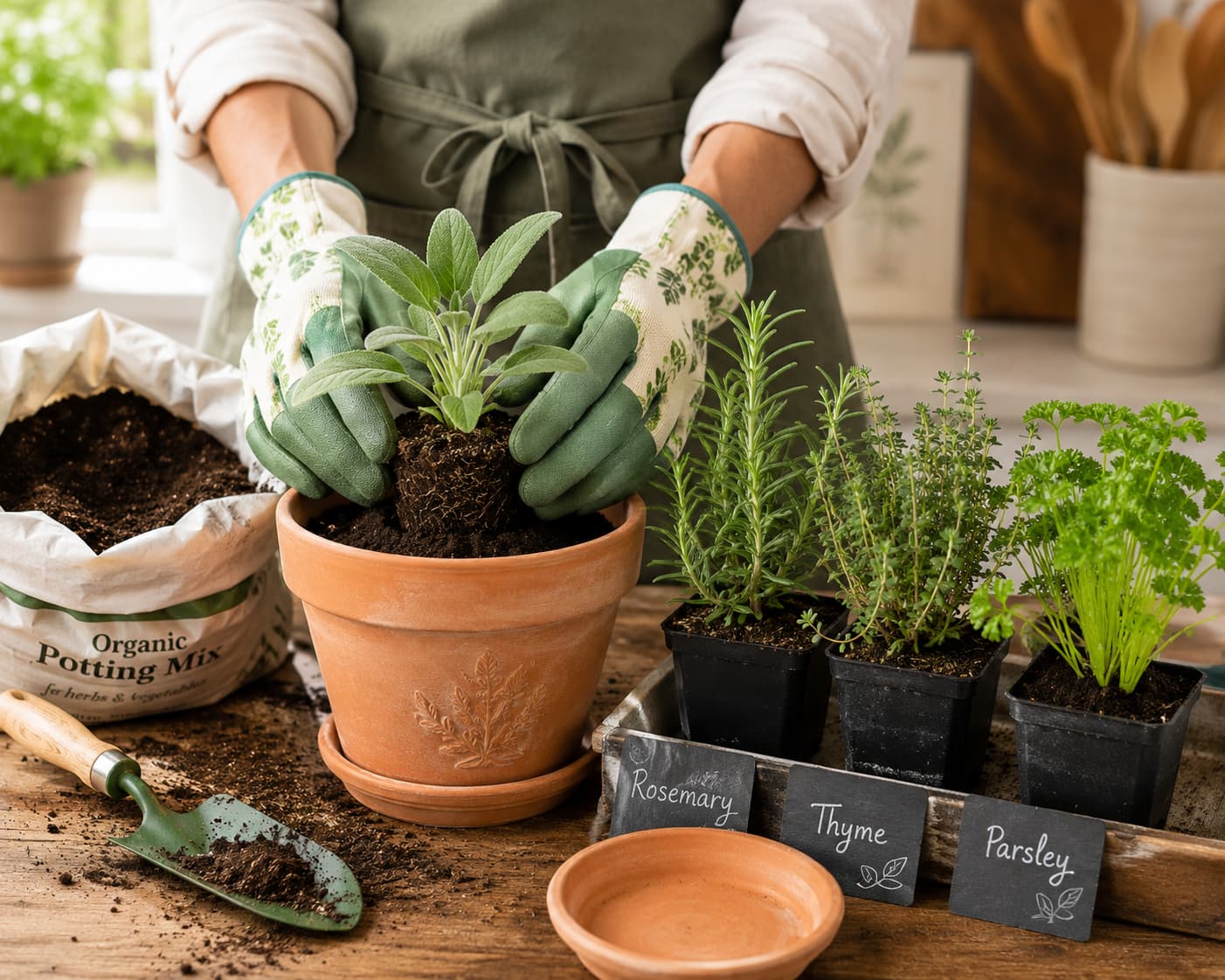 Illustration of hands potting a young sage plant while rosemary, thyme, and parsley transplants wait nearby.