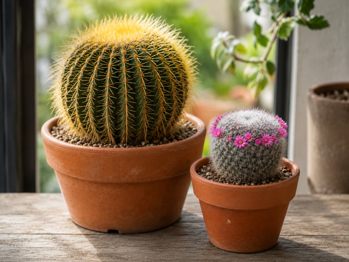 Illustration of Golden Barrel and flowering Mammillaria cacti displayed side by side in terracotta pots.