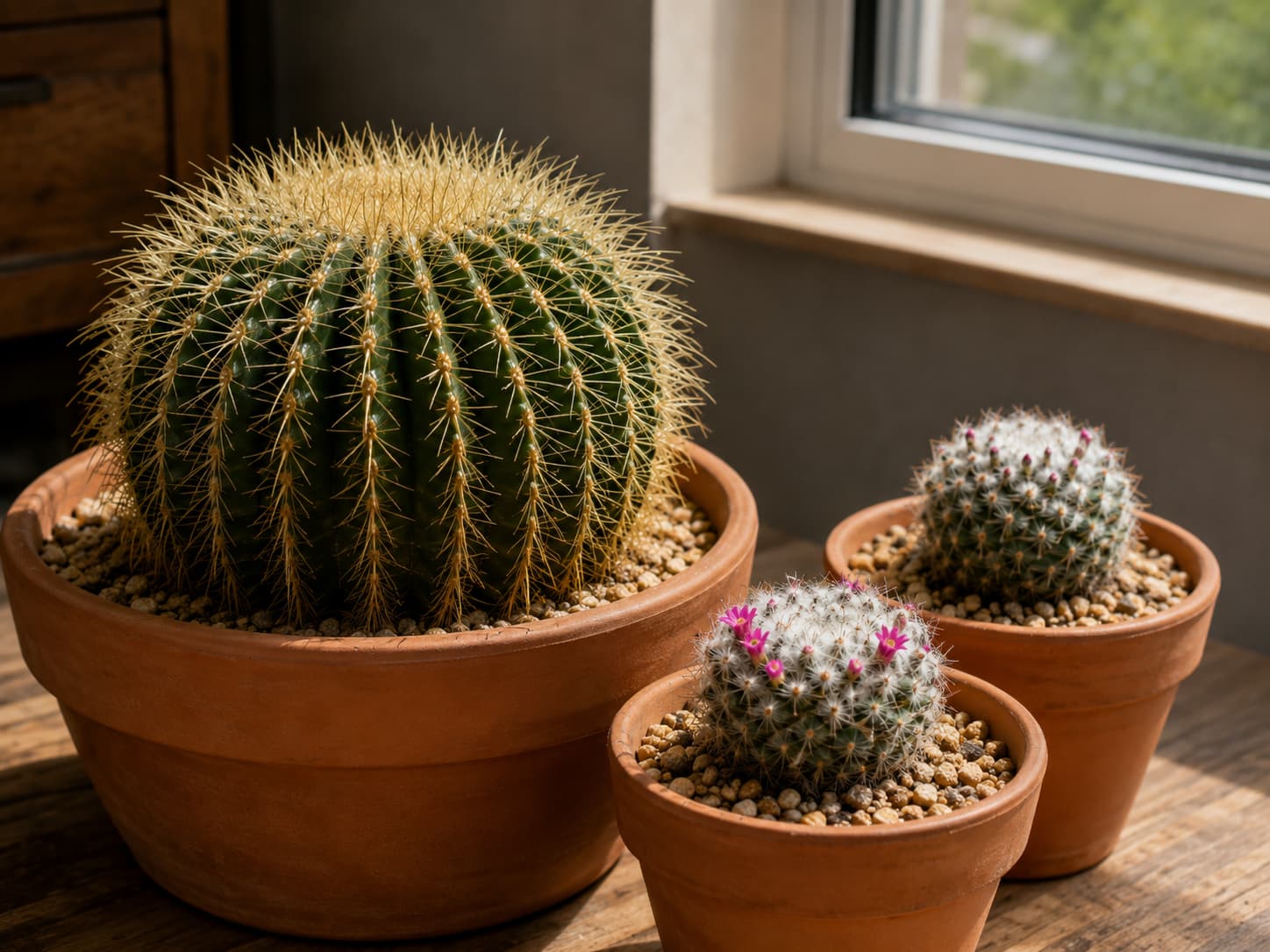 Illustration of a Golden Barrel cactus beside two Mammillaria cacti with buds and pink flowers in terracotta pots.