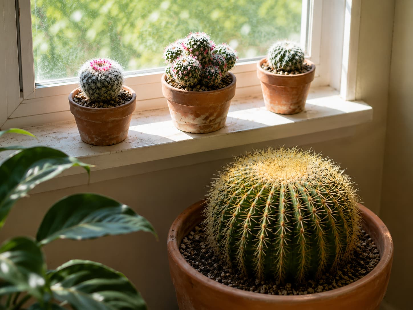 Illustration of a large Golden Barrel planter below smaller Mammillaria cacti arranged on a sunny windowsill.
