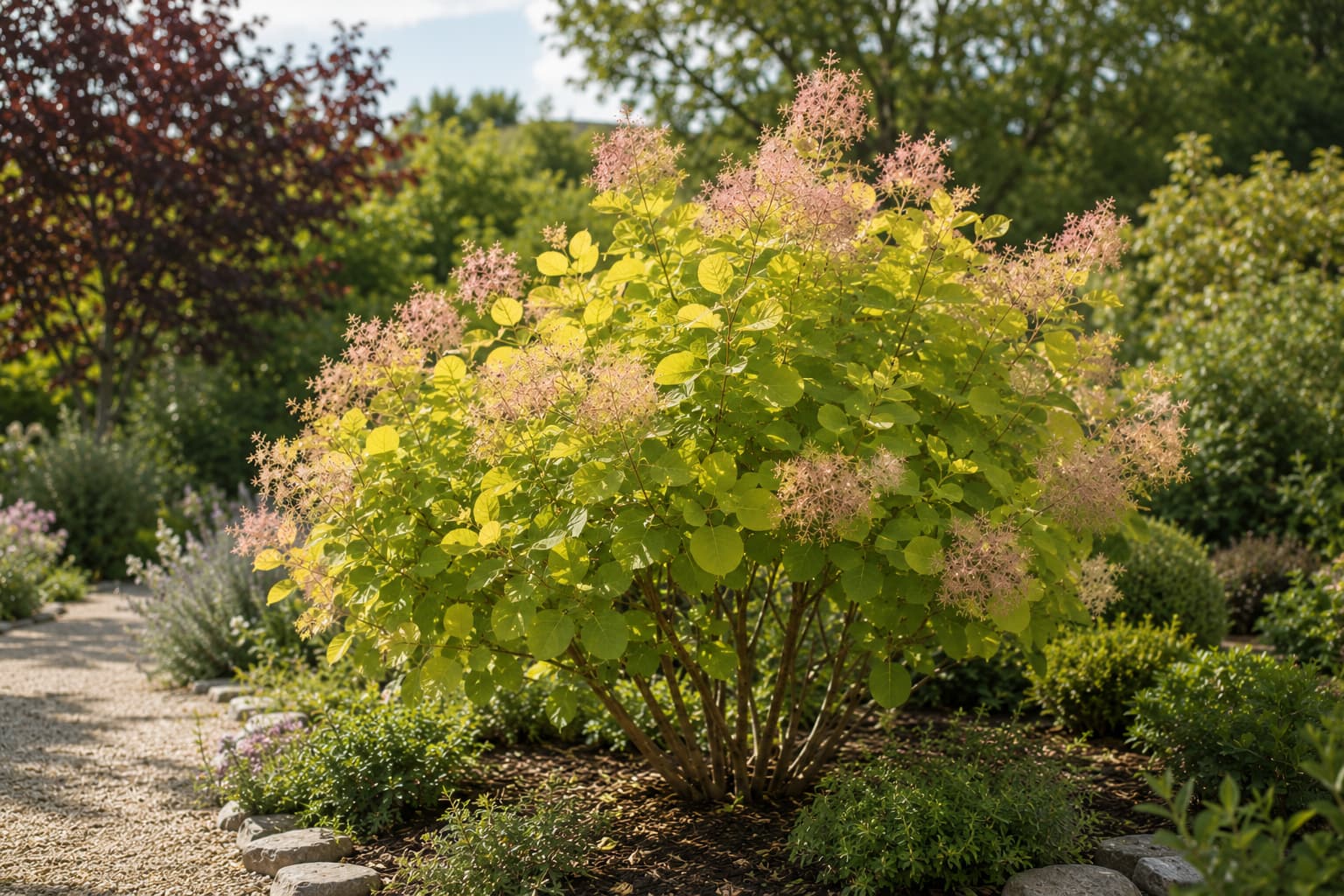 Illustration of Golden Spirit smoke bush with luminous lime-gold leaves and pale pink plumes in full sun.