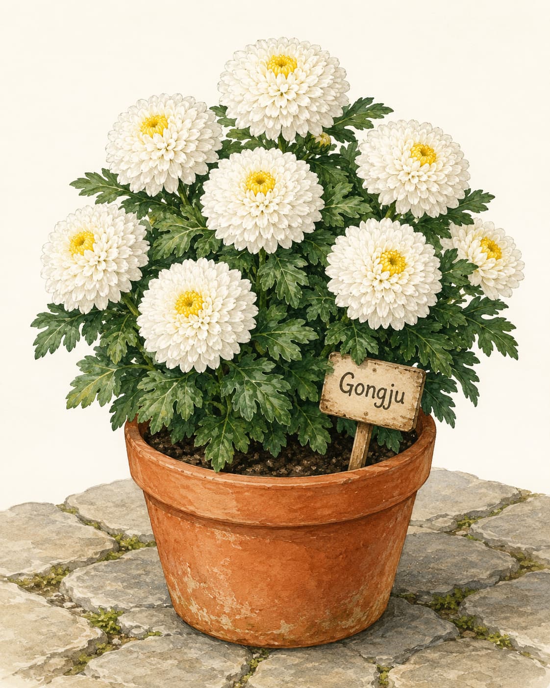 Illustration of Gongju chrysanthemum flowers blooming in a sunny container garden