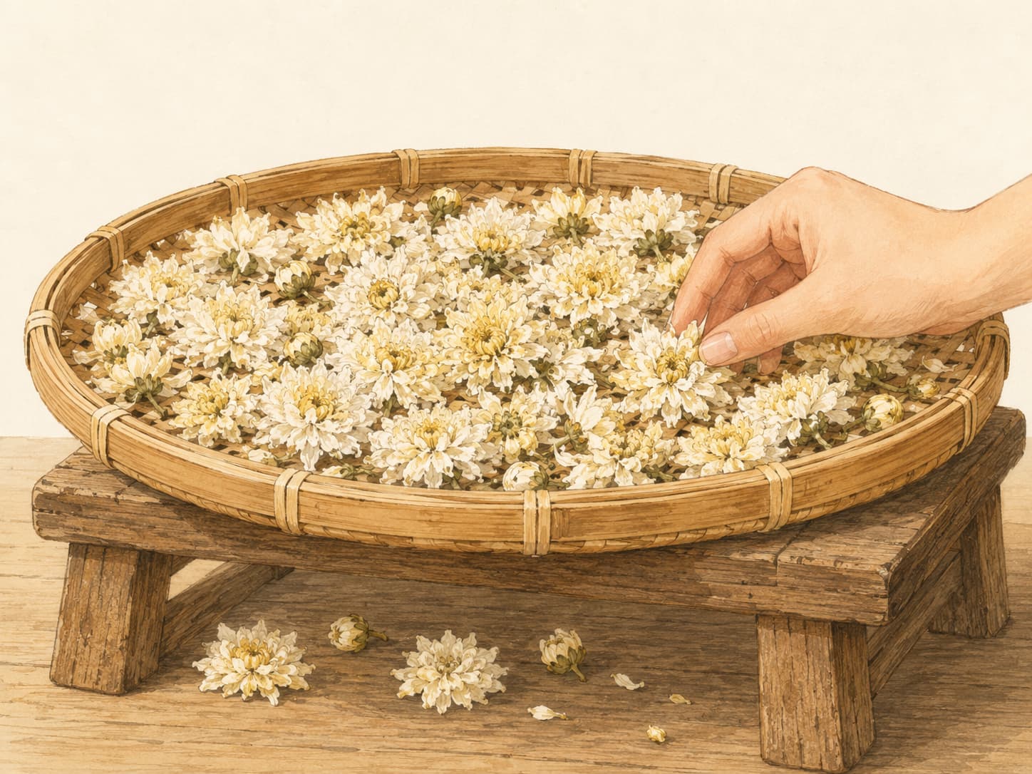 Illustration of Hang Baiju chrysanthemum flowers drying for herbal tea