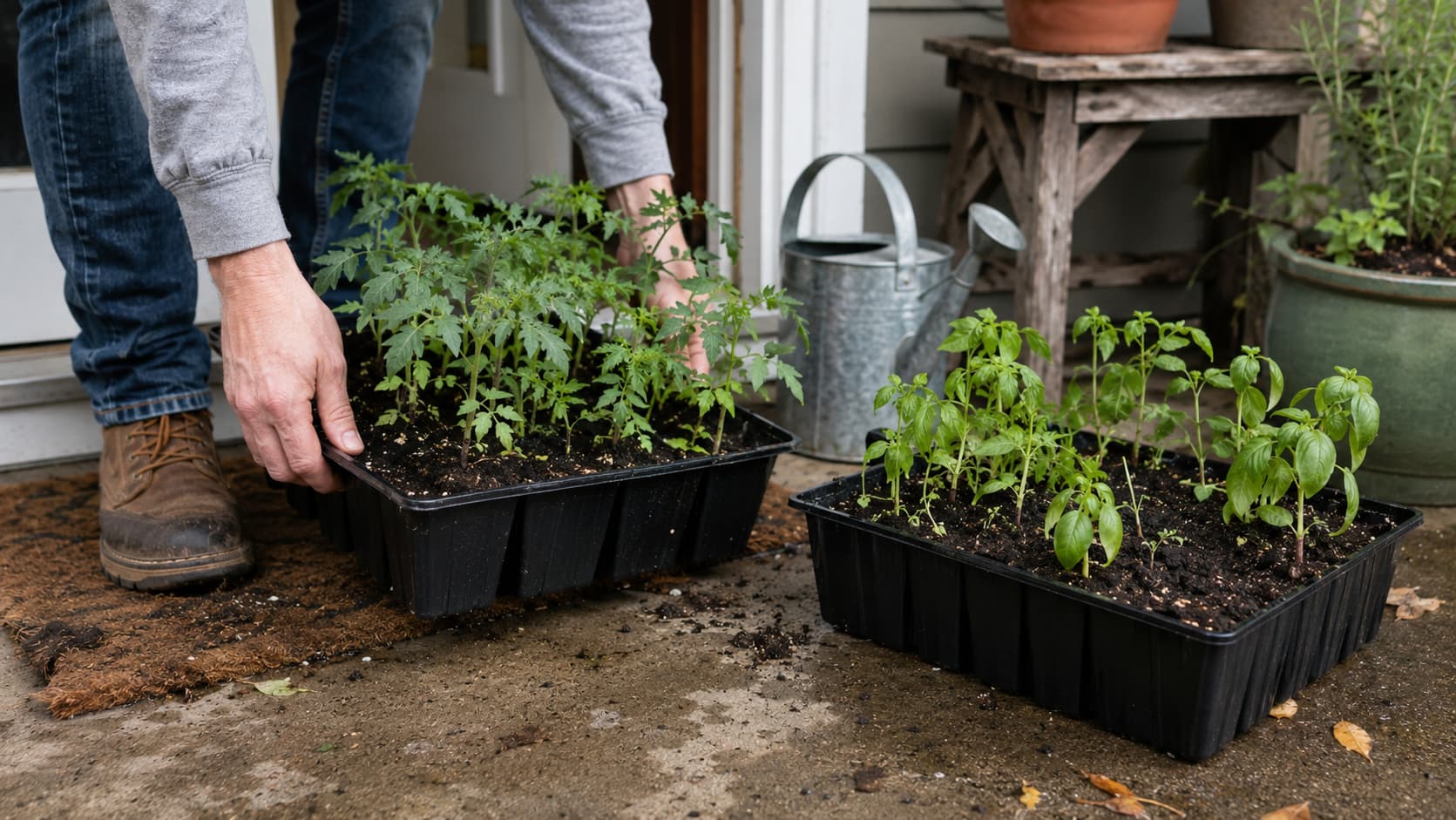 Seedling trays being moved outdoors gradually for spring hardening off