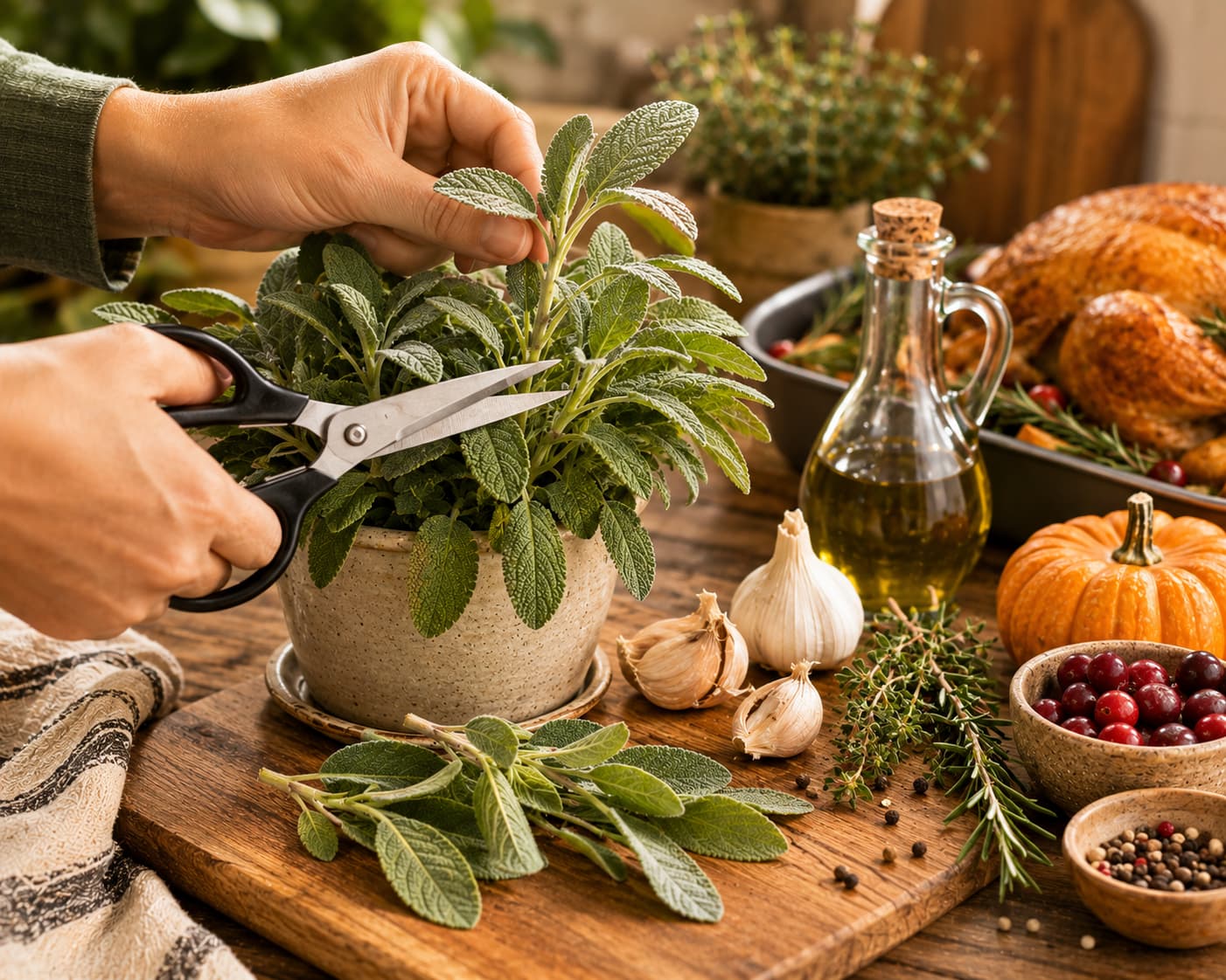 Illustration of hands using clean scissors to harvest sage beside a cutting board and Thanksgiving cooking ingredients.