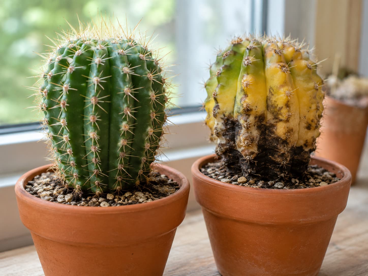 Illustration comparing a healthy green cactus with an overwatered cactus showing yellowing and a dark soft base.