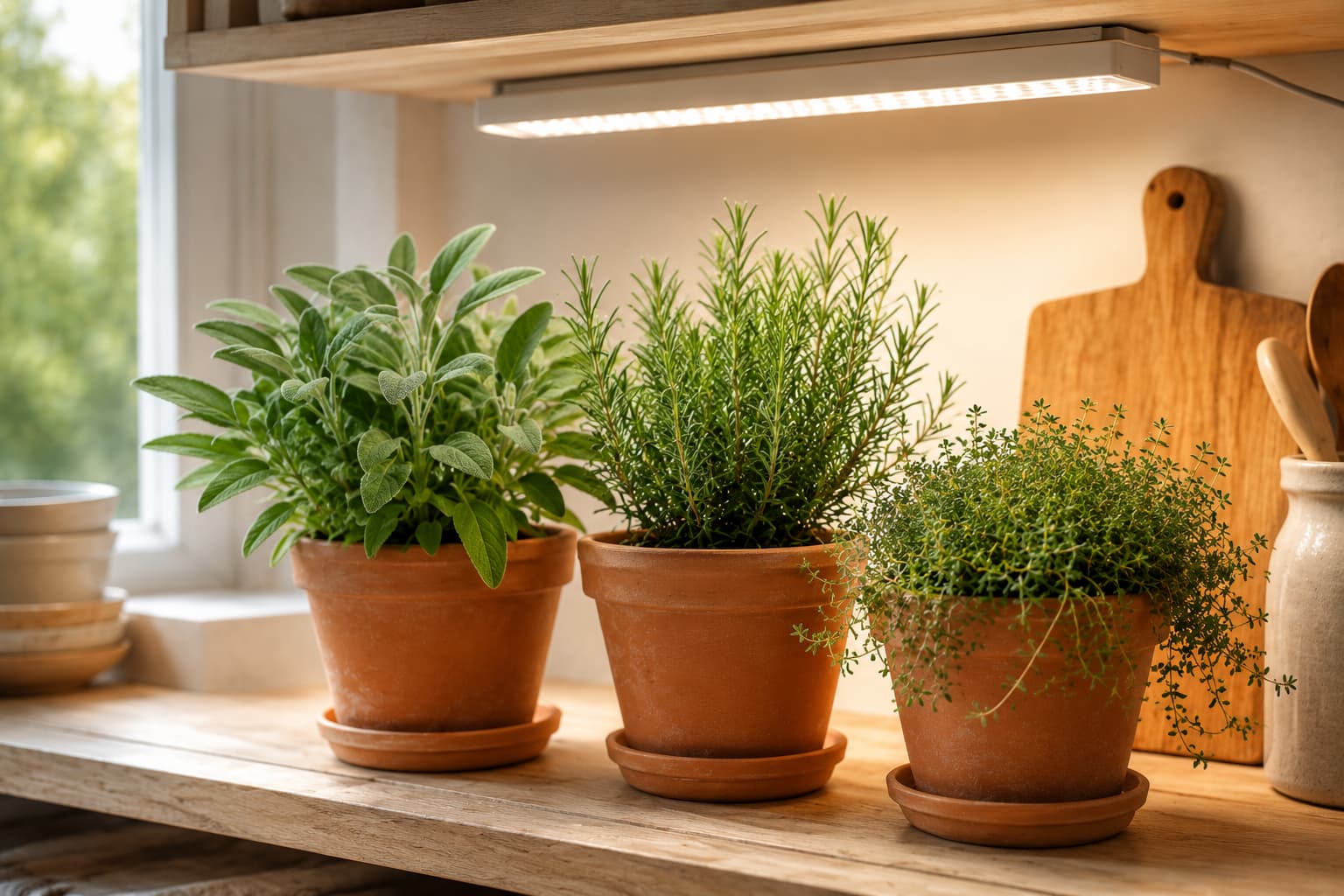 Illustration of compact sage, rosemary, and thyme plants growing beneath an LED light on an indoor kitchen shelf.