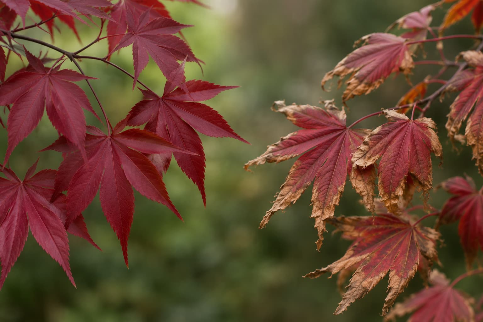 Illustration of Japanese maple leaves with crisp brown edges and tips beside healthy leaves for comparison.