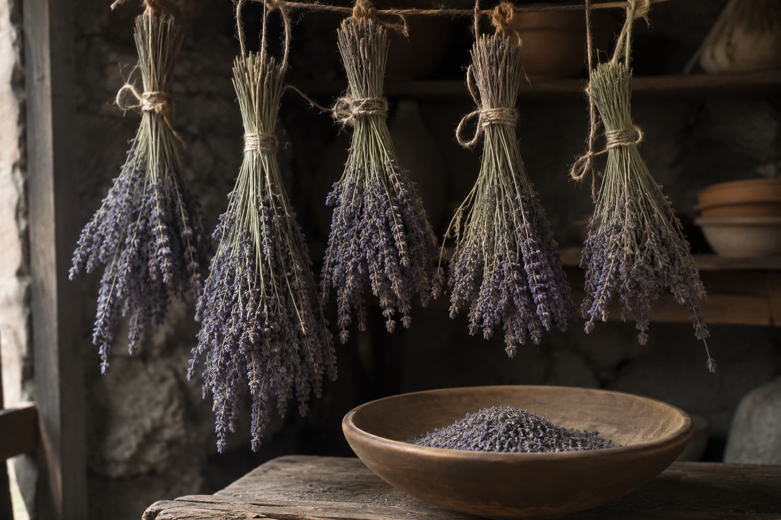 Illustration of small lavender bundles hanging upside down in a dark ventilated room above a bowl of dried buds.