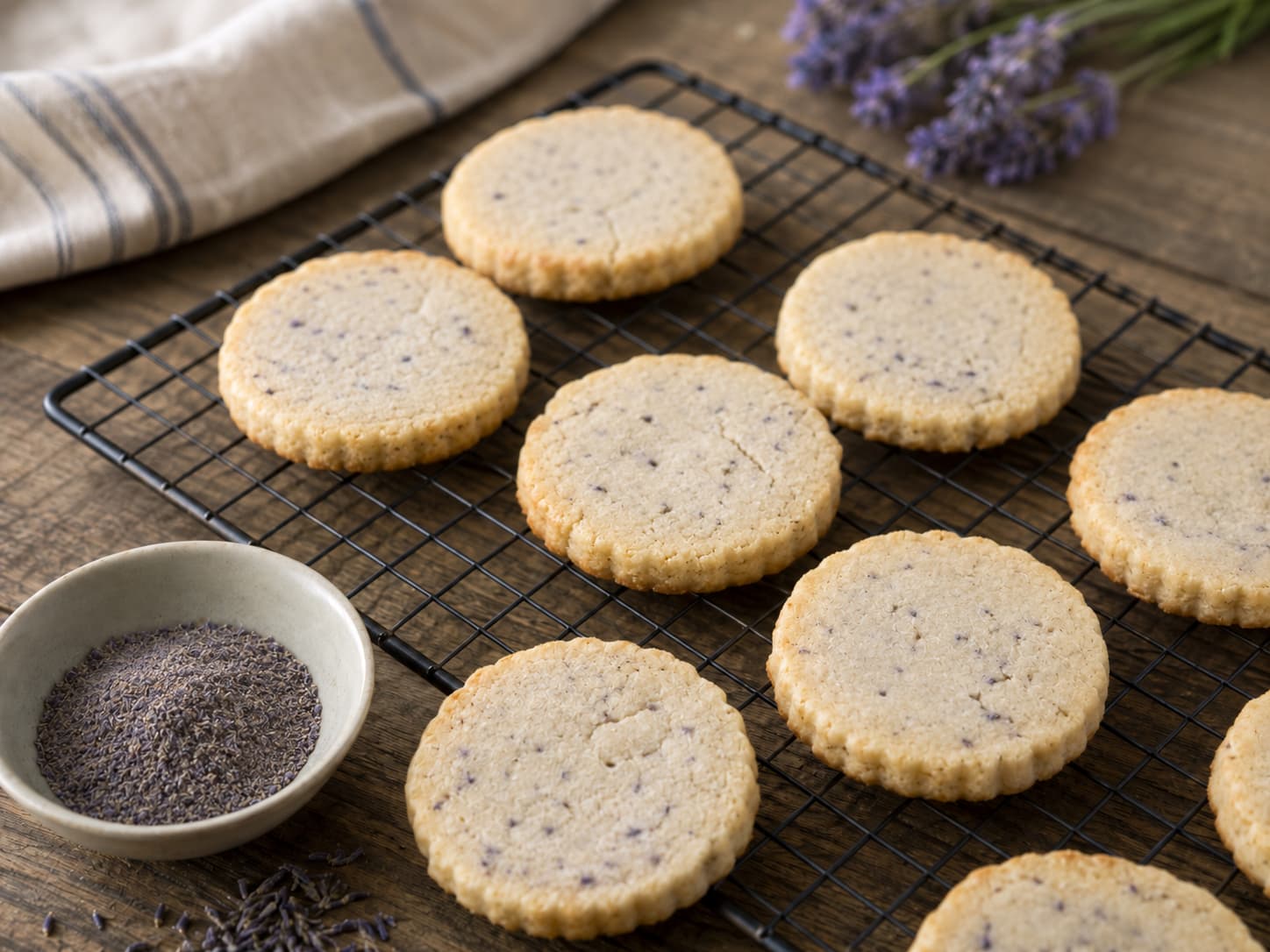 Illustration of pale lavender shortbread cookies cooling on a rack beside finely ground culinary lavender buds.