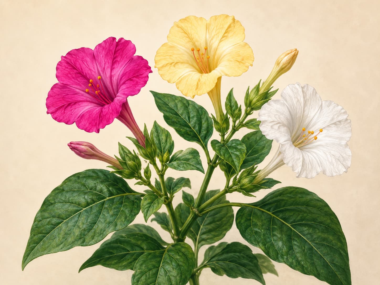 Illustration of magenta, pale yellow, and white four o’clock flowers blooming on different stems of the same plant.