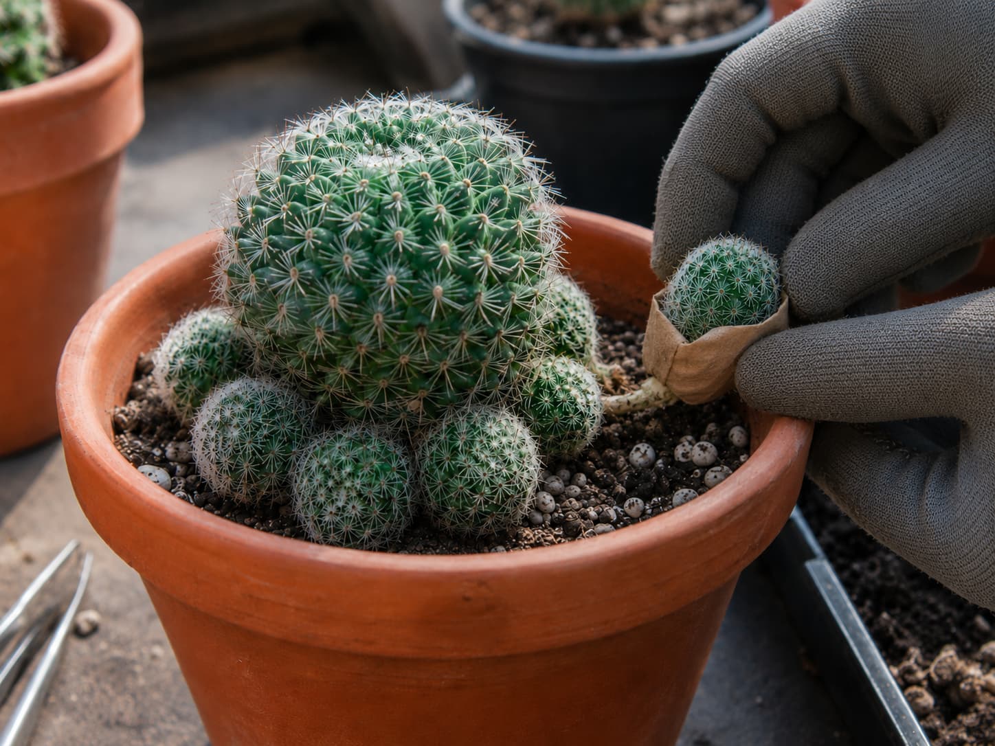 Illustration of a Mammillaria cactus with several basal offsets and one pup being gently separated for propagation.
