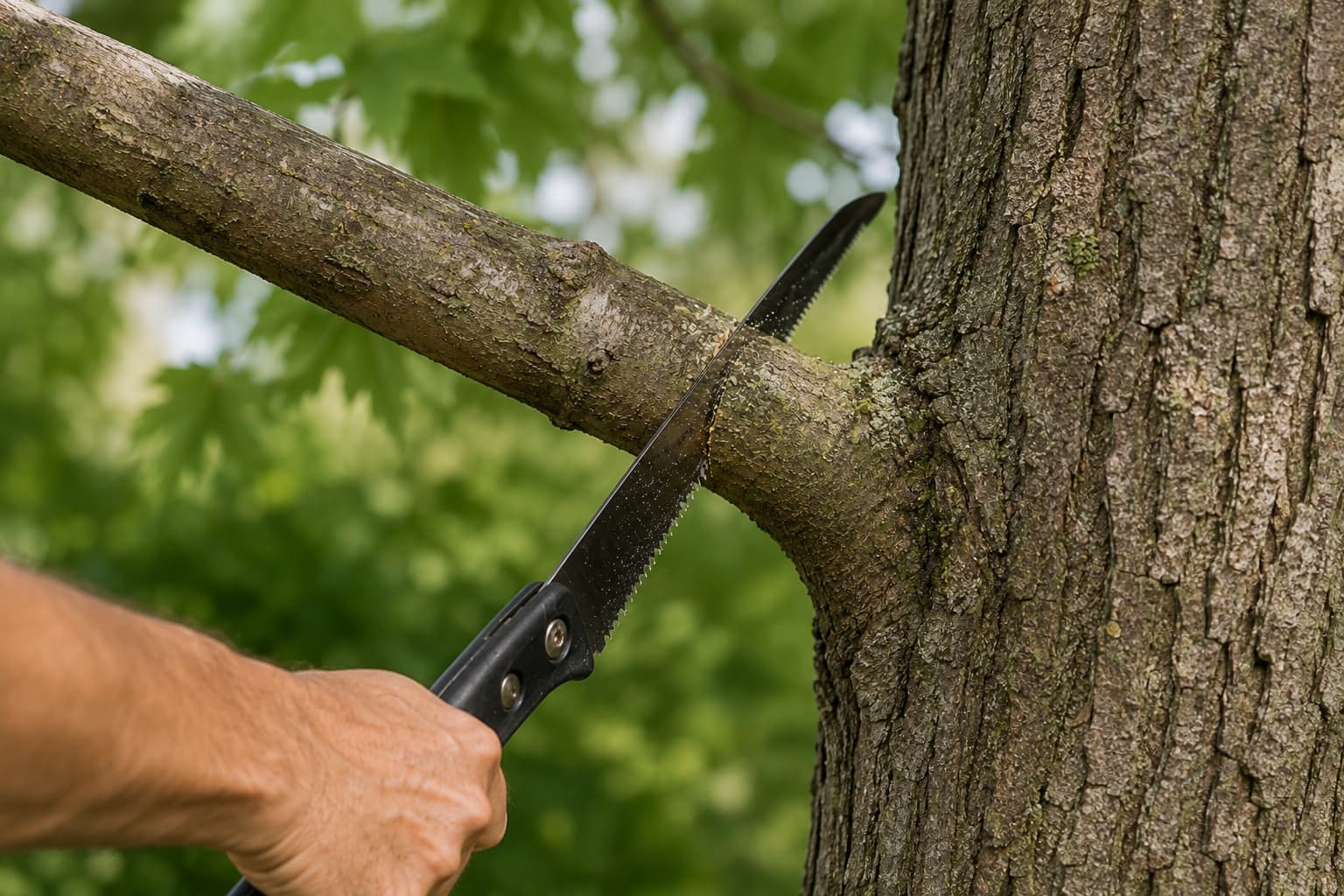 Illustration of a pruning saw cutting a maple branch just outside the branch collar while leaving the collar intact.
