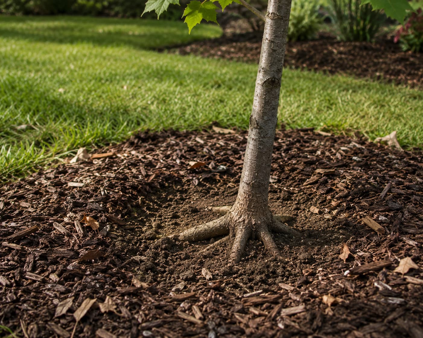 Illustration of a newly planted maple with the root flare visible above soil and mulch pulled back from the trunk.