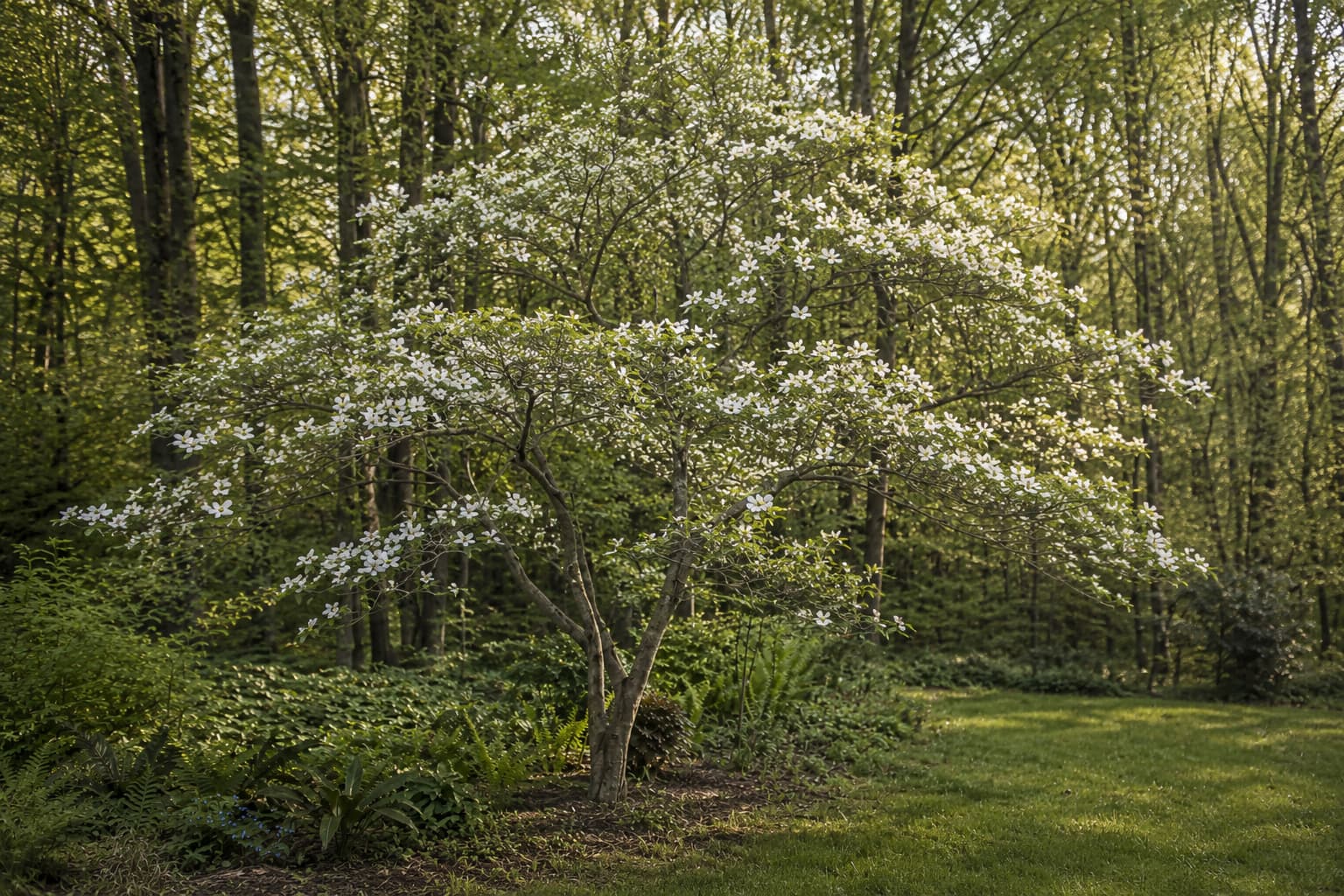 Illustration of a mature flowering dogwood covered in white spring bracts beside a quiet woodland garden.
