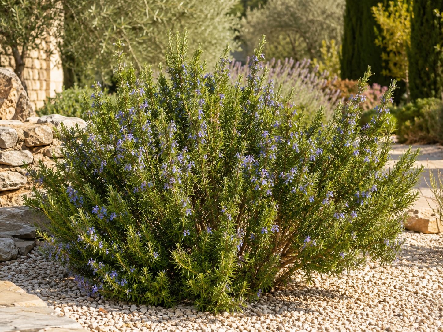 Illustration of a mature flowering rosemary shrub growing in full sun with gravel mulch in a Mediterranean-style garden.