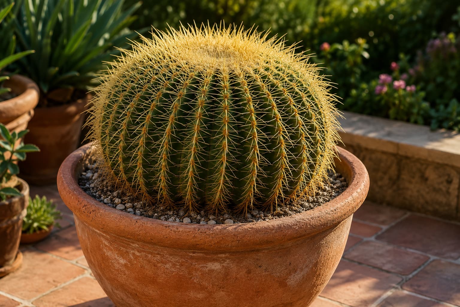 Illustration of a mature Golden Barrel cactus with golden spines growing in a large terracotta patio pot.