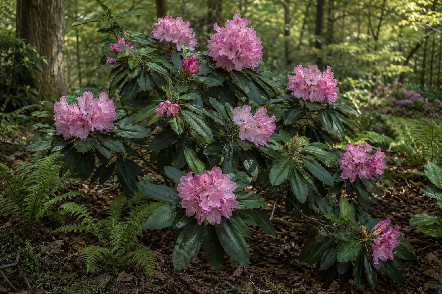 Illustration of a mature rhododendron covered with pink flower trusses in a softly shaded spring woodland garden.